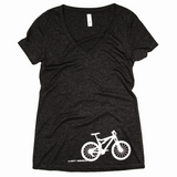 V-neck charcoal tee with mountain bike close to the bottom hem. "Lost Sierra" is written in the tread marks trailing the bike.