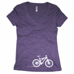 Purple v-neck tee with Mountain bike near the hem line. "Lost sierra" is written in the tire tread trailing the bike.