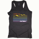 Racer back Charcoal Tank with mountain design in rainbow colors.  Text reads, "Find Yourself in the Lost Sierra"