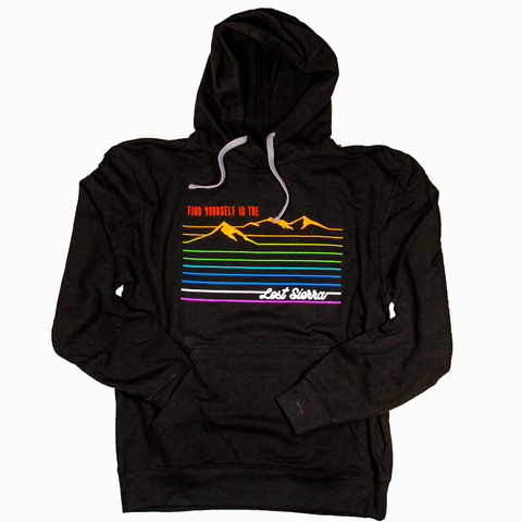 Charcoal colored hoodie with light gray tassels, in a  mountain design in rainbow colors with the text, "Find Yourself in The Lost Sierra"