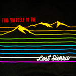 Close up of the rainbow mountain hoodie. The text reads, "Find Yourself in the Lost Sierra"