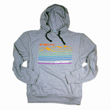 light gray hoodie with dark tassels in a mountain design with rainbow colors, text reads, "Find Yourself in the Lost Sierra"